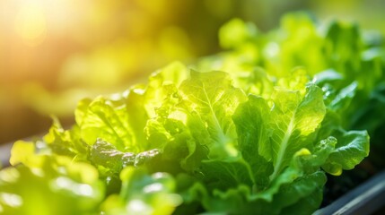 Close-up view of vibrant green lettuce leaves bathed in sunlight