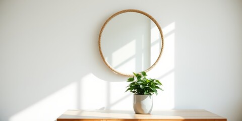 Minimalist home decor featuring a rope-framed round mirror and potted plant on a wooden surface