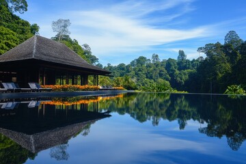 Fototapeta premium Serene resort by a reflective pool surrounded by lush greenery and a clear blue sky.