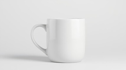 Obraz premium Minimalist white ceramic mug mockup with a sleek handle and smooth curved edges on a light gray background, ceramic, white