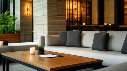 Fototapeta premium Cozy Lounge Area with Wooden Table and Ambient Lighting for Casual Business Meetings