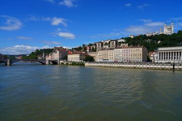 View of colorful buildings on the quay on the Saone River in downtown Lyon, France.