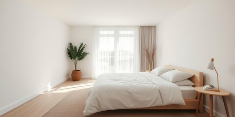 Modern minimalist bedroom with a king size bed in a scandinavian design, bedroom, comfortable, uncluttered