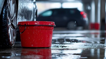 Efficient car washing with collapsible bucket urban parking garage showcase for convenience