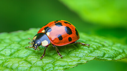 Naklejka premium Ladybug crawling on fresh leaf with lush green background