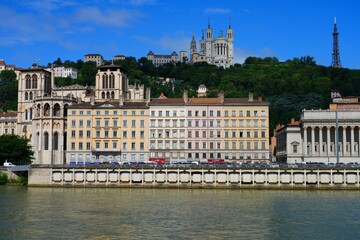 View of colorful buildings on the quay on the Saone River in downtown Lyon, France.