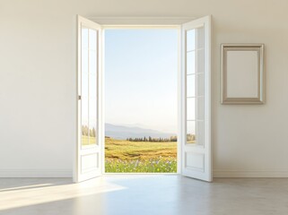 A serene open door reveals a bright landscape filled with flowers and distant mountains.