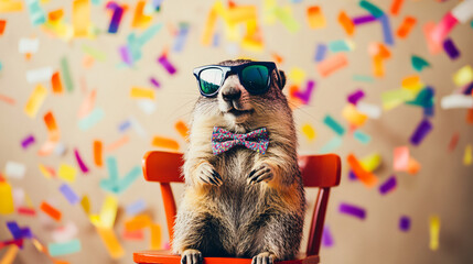 A groundhog wearing sunglasses and a bow tie sits on a chair against a colorful confetti backdrop, exuding a playful and amusing vibe