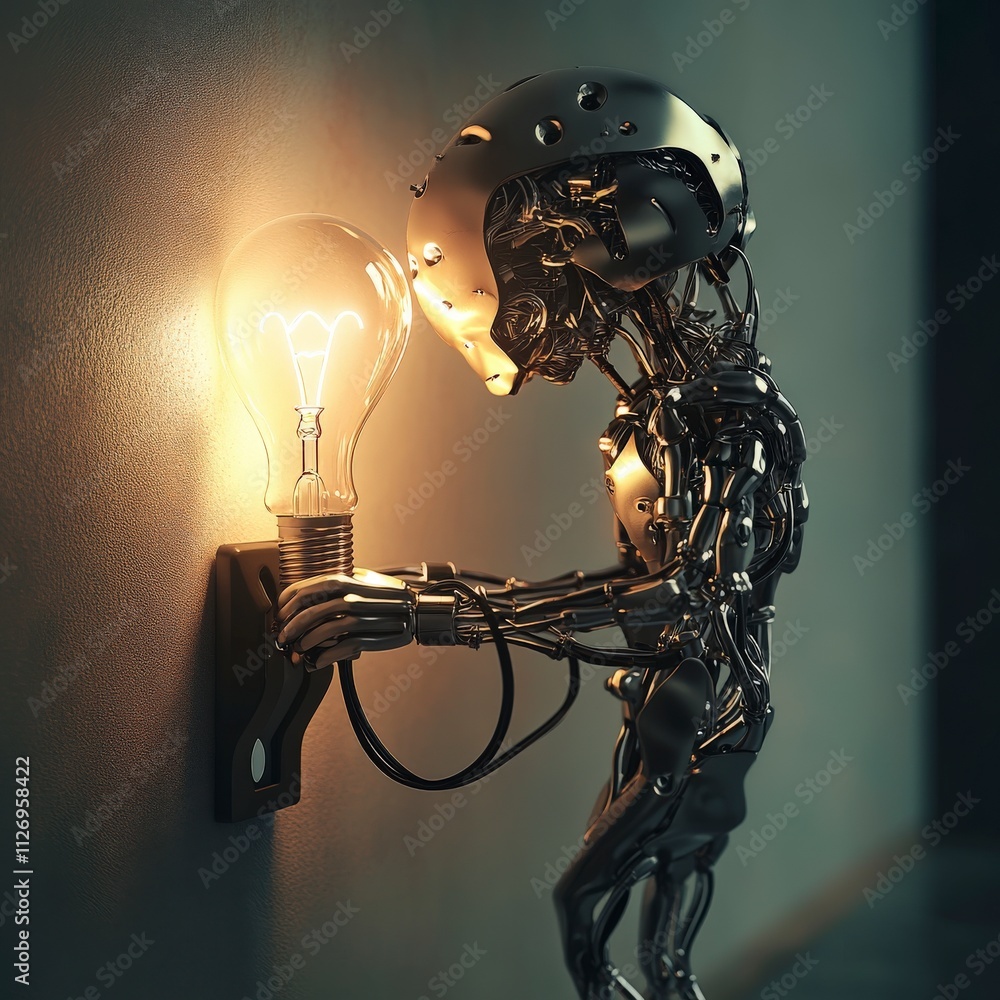 Aufkleber Illuminating concepts surreal interaction with a humanoid lightbulb in a futuristic digital art setting