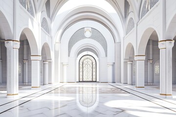 Obraz premium Mosque interiors with defocused pillars, windows, and doors, crafting an abstract backdrop. 