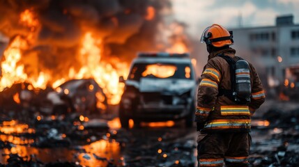 Brave firefighter facing roaring flames amidst disaster at a chaotic scene filled with smoke, burning vehicles, and destruction in an industrial area, showcasing courage and heroism.
