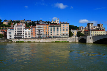 View of colorful buildings on the quay on the Saone River in downtown Lyon, France.