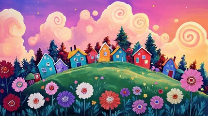 Fototapeta premium Village in Finland. Northern lights. Fairy tale illustration