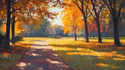 Obraz premium Autumn Path Winding Through Golden Trees