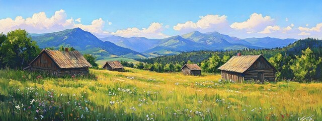 A serene landscape featuring rustic cabins amidst a vibrant meadow and mountains.