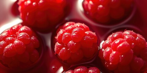Close-up view of several ripe raspberries submerged in a dark red liquid, glistening with moisture