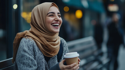 A middle eastern woman in her 20s smiles joyfully while holding a coffee cup, dressed warmly in a cozy sweater and hijab, sitting outdoors in a busy urban setting