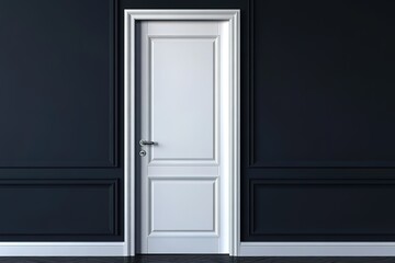 A white door with a silver handle sits in front of a black wall