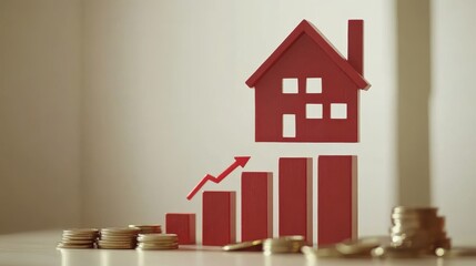 Red wooden house icon with upward arrow and coin stack symbolizing growth in real estate market, investment potential, and financial success in property sector