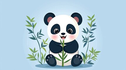 Fototapeta premium Cute cartoon panda character holding bamboo surrounded by green leaves on a light blue background in a playful style