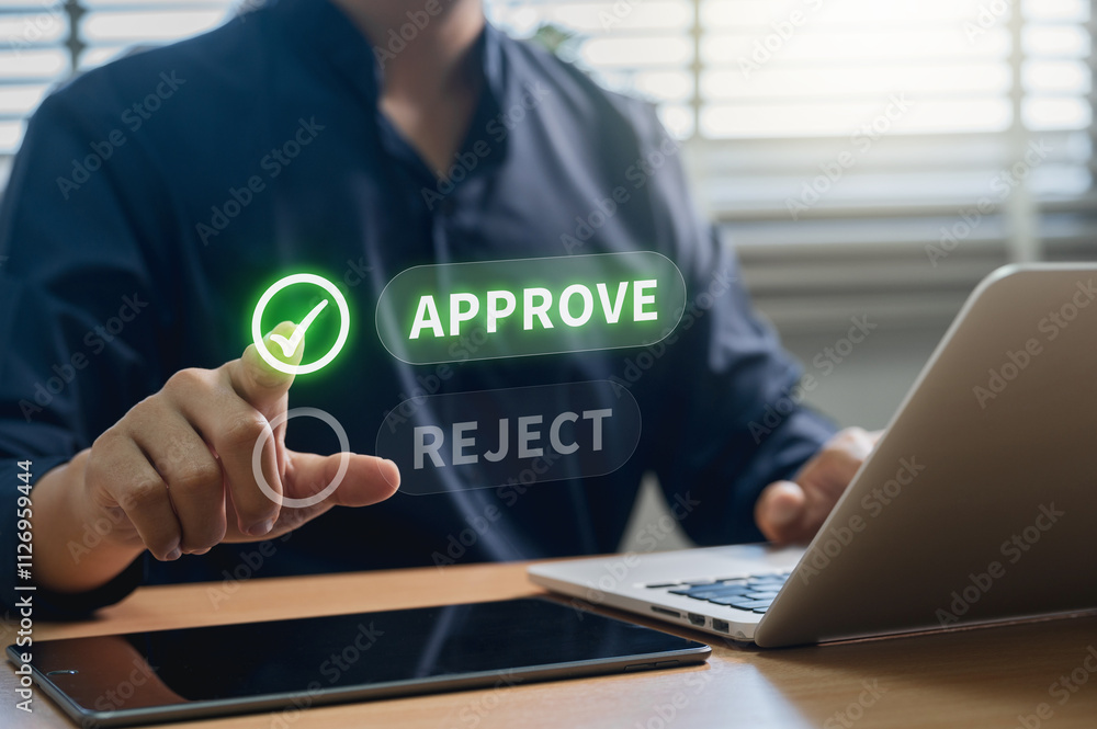 Fototapete businessman making digital approve interface in modern workspace, highlighting workflow optimization