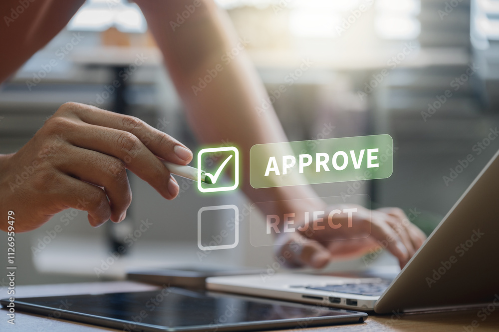 Poster businessman with approve or reject digital interface in workspace, business decision-making processe