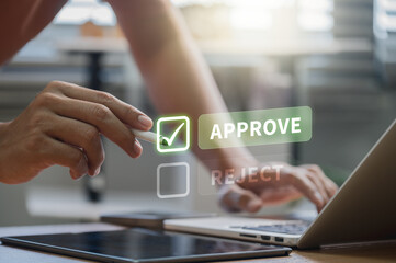businessman with Approve or Reject Digital Interface in Workspace, Business Decision-Making Processes, Validation Tools, Efficient Process Control and Collaborative Workflow Management.