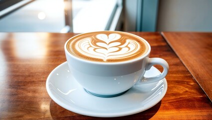 Obraz premium Close up hot cappuccino white coffee cup with heart shape latte art on dark brown old wood table at cafe,food and drink concept 