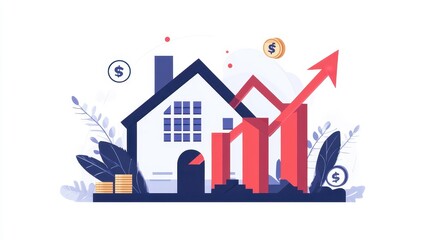 Fototapeta premium Abstract illustration depicting a house with financial graphs showing growth, dollar signs, and stacked coins, symbolizing investment in real estate and market trends.