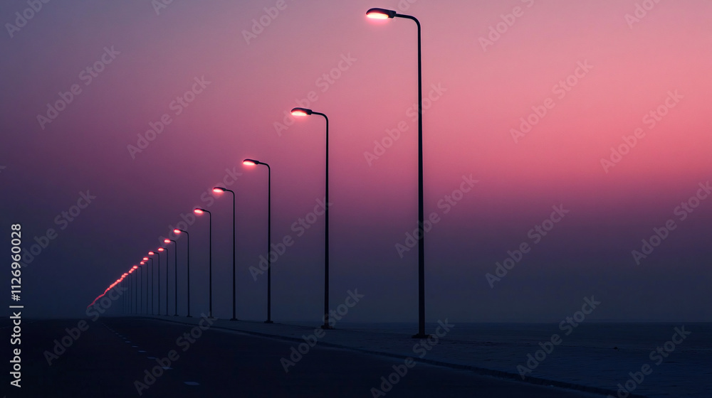 Poster a minimalistic photo captures a row of streetlights against a soft gradient sky at dusk creating a s