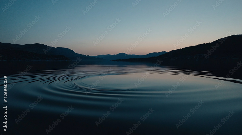 Poster a single ripple spreads across calm water, reflecting soft hues of twilight against distant mountain