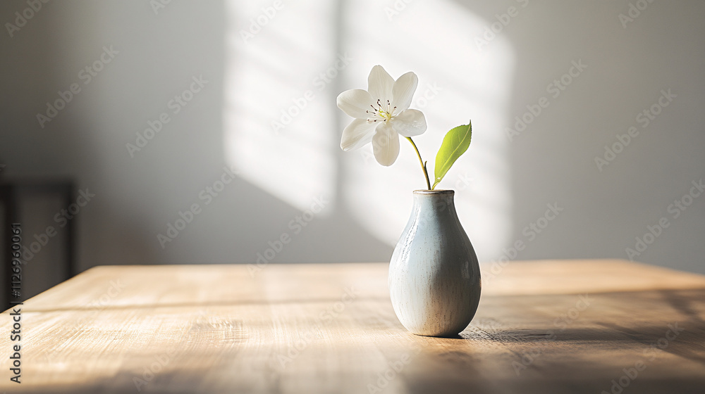 Poster a minimalist photo of a simple ceramic vase with a single white flower and a green leaf set on a woo