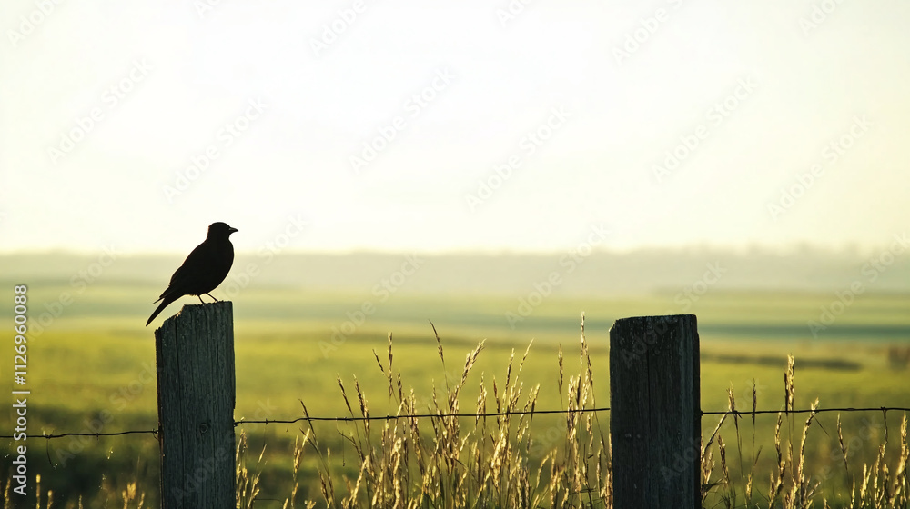 Poster a single bird perches on a weathered post amidst a serene landscape of fields and gentle sunlight cr