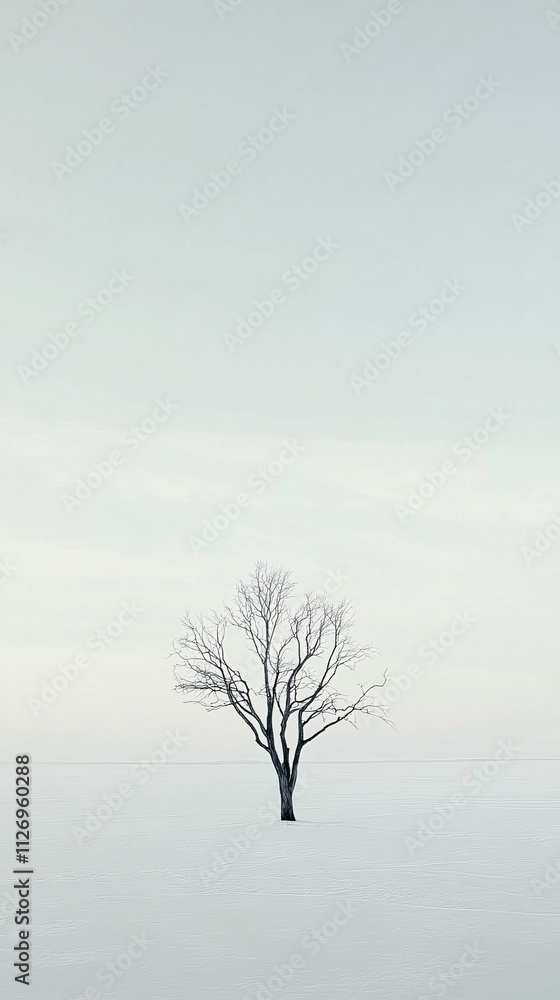Poster a minimalistic photo of a single tree standing alone in a vast snowy landscape under a light gray sk