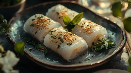 Banh cuon with halal beef filling, served with fresh herbs and garnishes