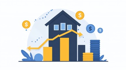 Growth of real estate investment with upward trend, financial success, and increasing money graph depicted in vibrant colors showcasing prosperity and potential.
