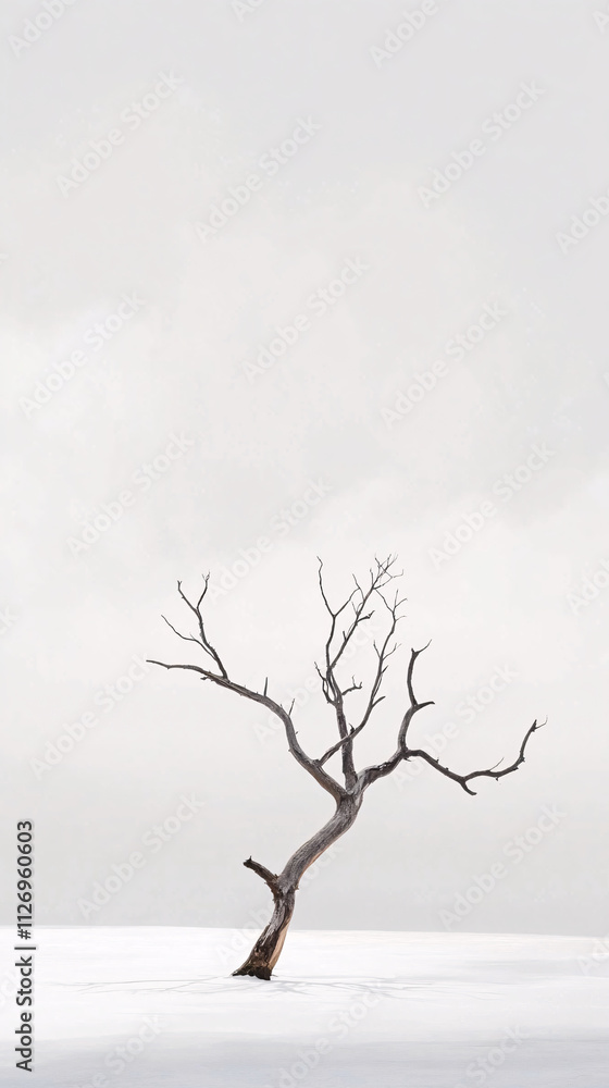 Poster a minimalistic photo of a single tree standing alone in a serene landscape with a soft, ethereal bac