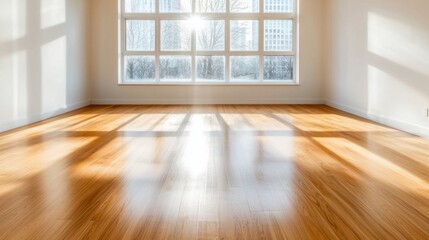 Obraz premium The empty room features a bare wooden floor and stark white walls, with sunlight streaming in through a large window, creating a captivating glare that illuminates the space with a warm