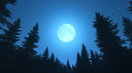 Enchanting Moonlit Night Over a Dense Forest with Stars and Tall Pines