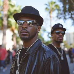 Stylish men wearing sunglasses and leather jackets outdoors