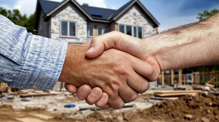 Two hands shaking in front of a house under construction, symbolizing agreement or partnership.