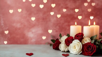 Intimate Valentine's Day Romantic Floral Bouquet with Glowing Candlelight and Heart Bokeh