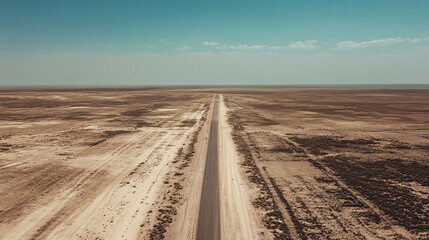 Fototapeta premium A minimalistic view of an endless road stretching through a vast, arid landscape under a clear blue sky
