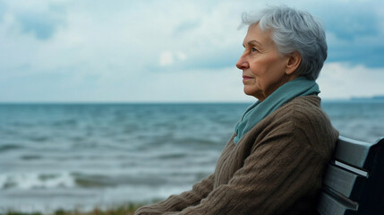 Fototapeta premium An older caucasian woman in her 70s sits pensively on a bench by the sea, with gray hair and a sweater, looking out at the water and cloudy sky