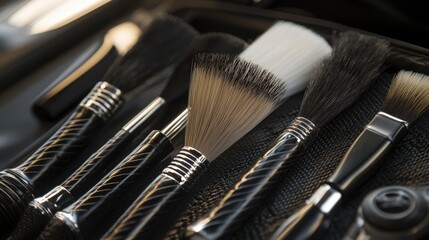 Car interior detailing brushes set for effective cleaning automotive workshop product photography indoor close-up perspective