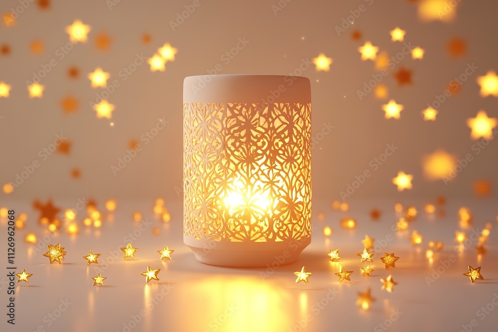 Poster flat design of glowing lantern with intricate patterns surrounded by golden stars on matte white sur