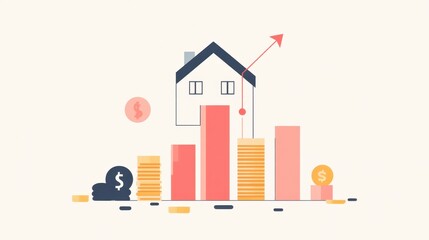 Growth in Real Estate Investment with Graphs, Currency Coins and a House Symbolizing Financial Prosperity in Property Market Dynamics