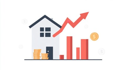 Illustration of Growing Real Estate Market with House, Coins, and Rising Graph Indicating Increasing Home Values and Investment Potential