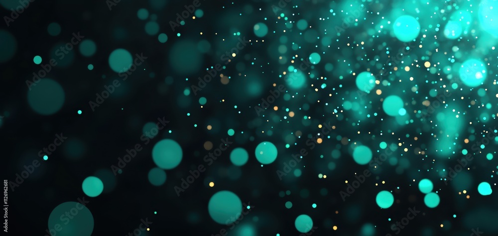 Poster abstract turquoise particles sparkling against a dark background, creating a magical effect.