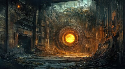 Fototapeta premium Abandoned Industrial Facility with a Mysterious Portal Surrounded by Shadows and Overgrown Vegetation